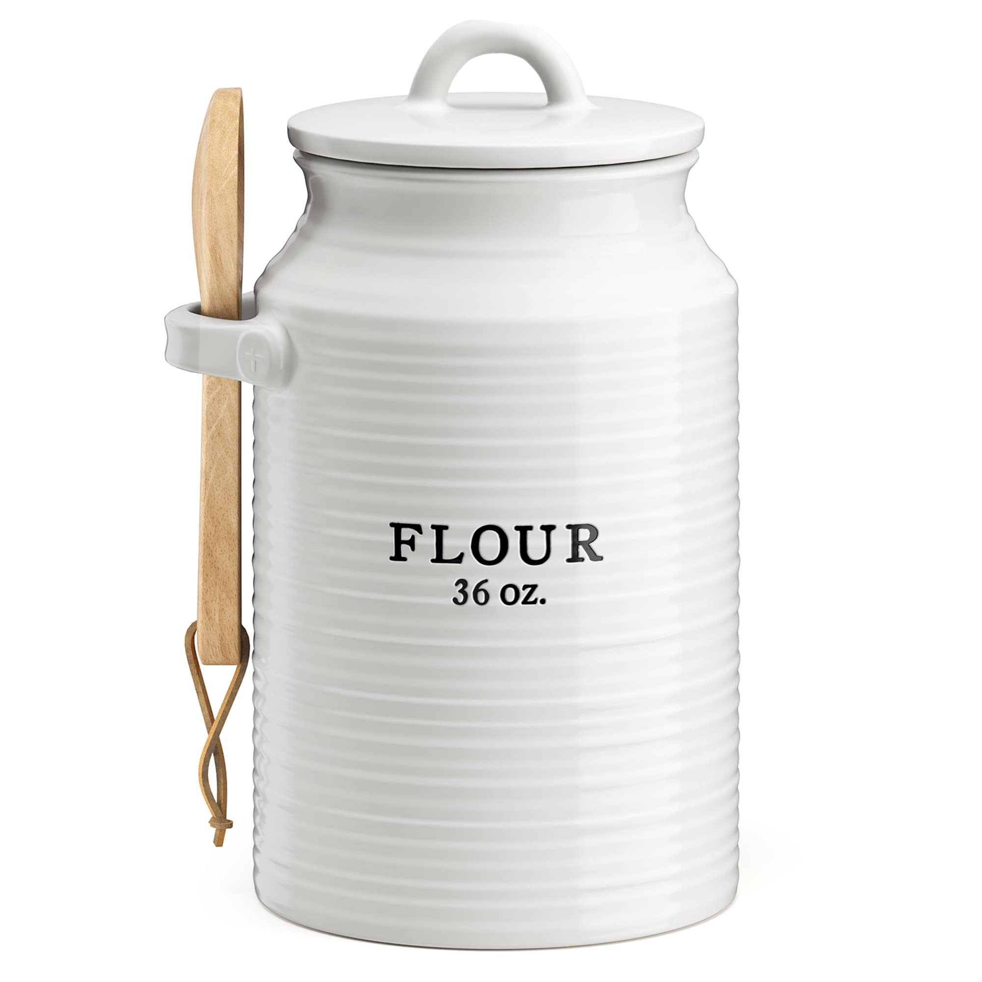 Barnyard Designs flour canister with smooth countertop glaze keeps flour close at hand.