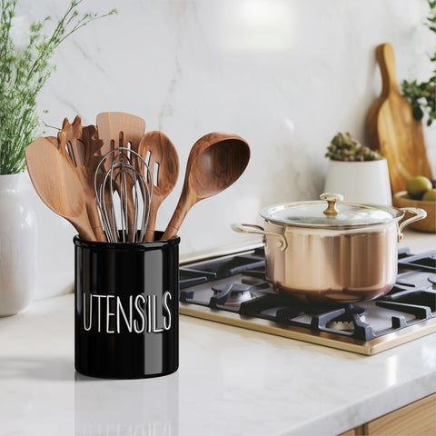 Barnyard Designs large utensil holder stores spoons and whisks within easy reach.