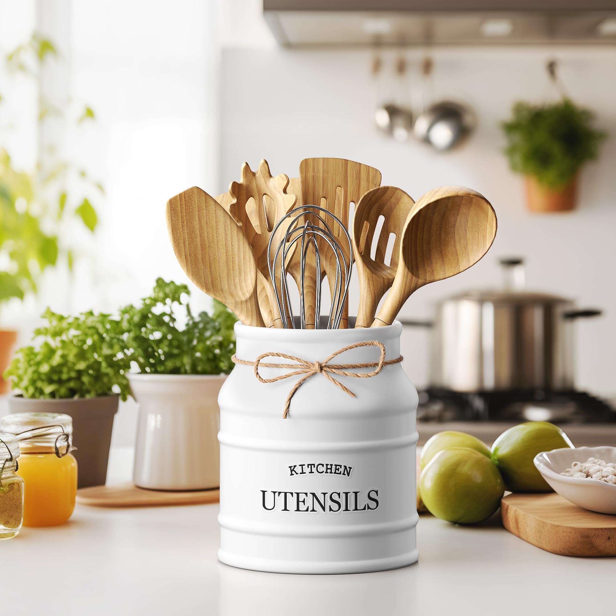 Barnyard Designs large white utensil crock adds rustic charm to a clean kitchen
