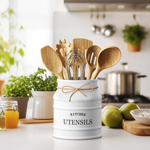 Barnyard Designs large white utensil crock adds rustic charm to a clean kitchen