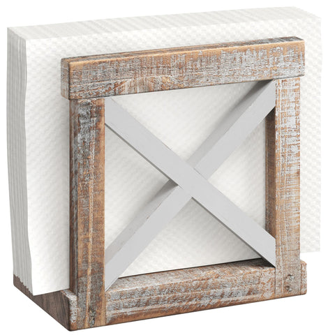 Barnyard Designs napkin holder on table top with white brown distressed finish.