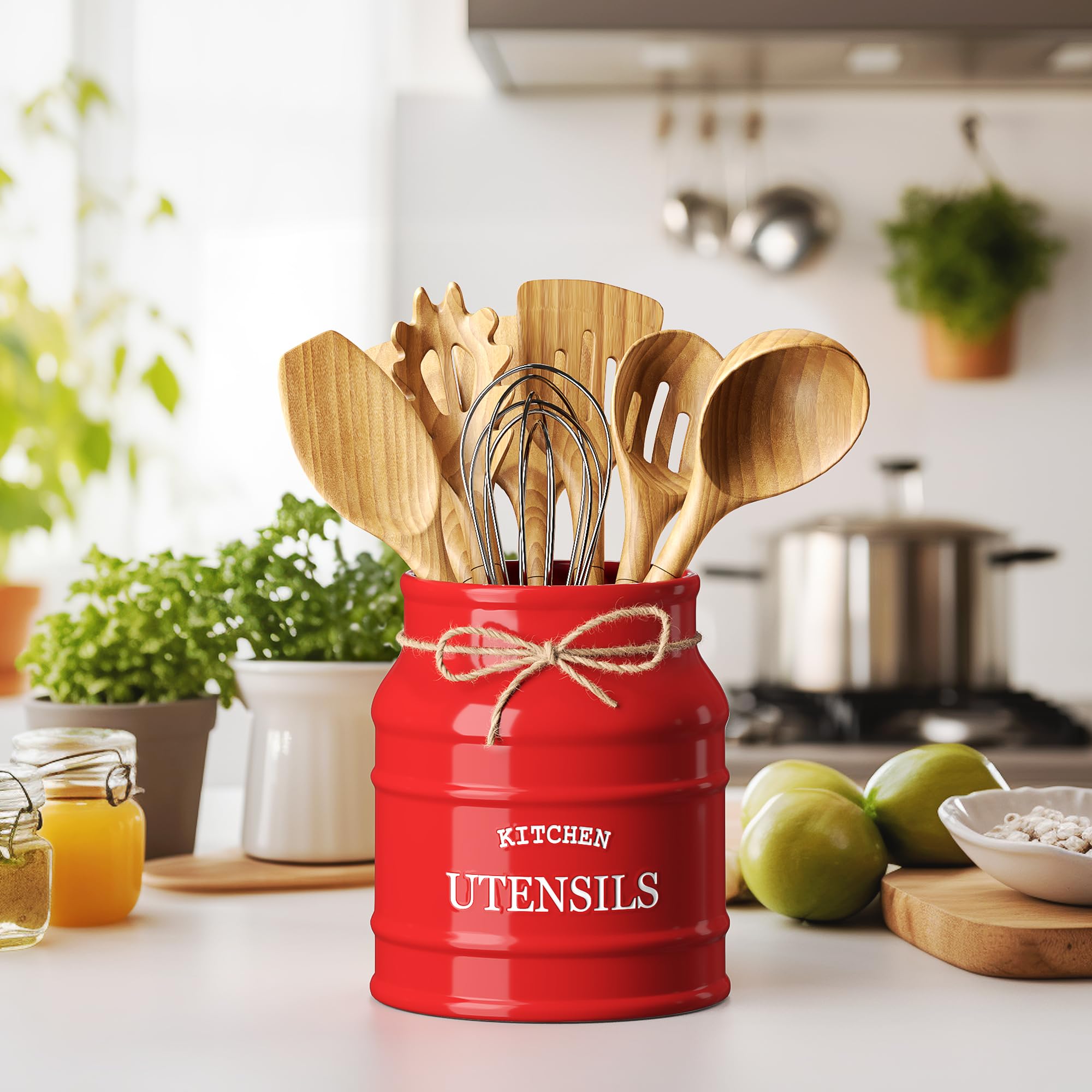 Barnyard Designs red utensil crock on counter adds rustic charm to the kitchen.