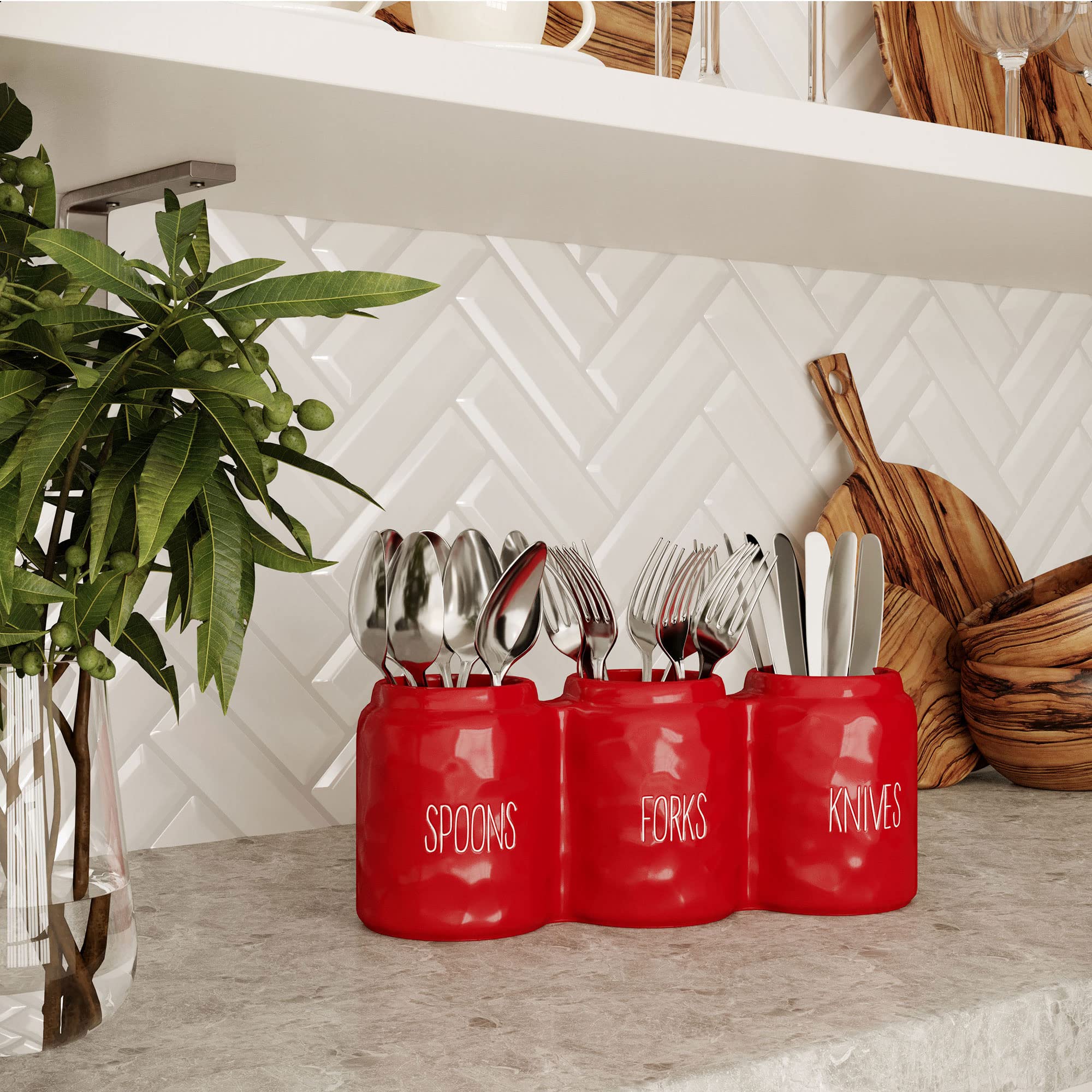 Three compartments for spoons, forks, and knives in red