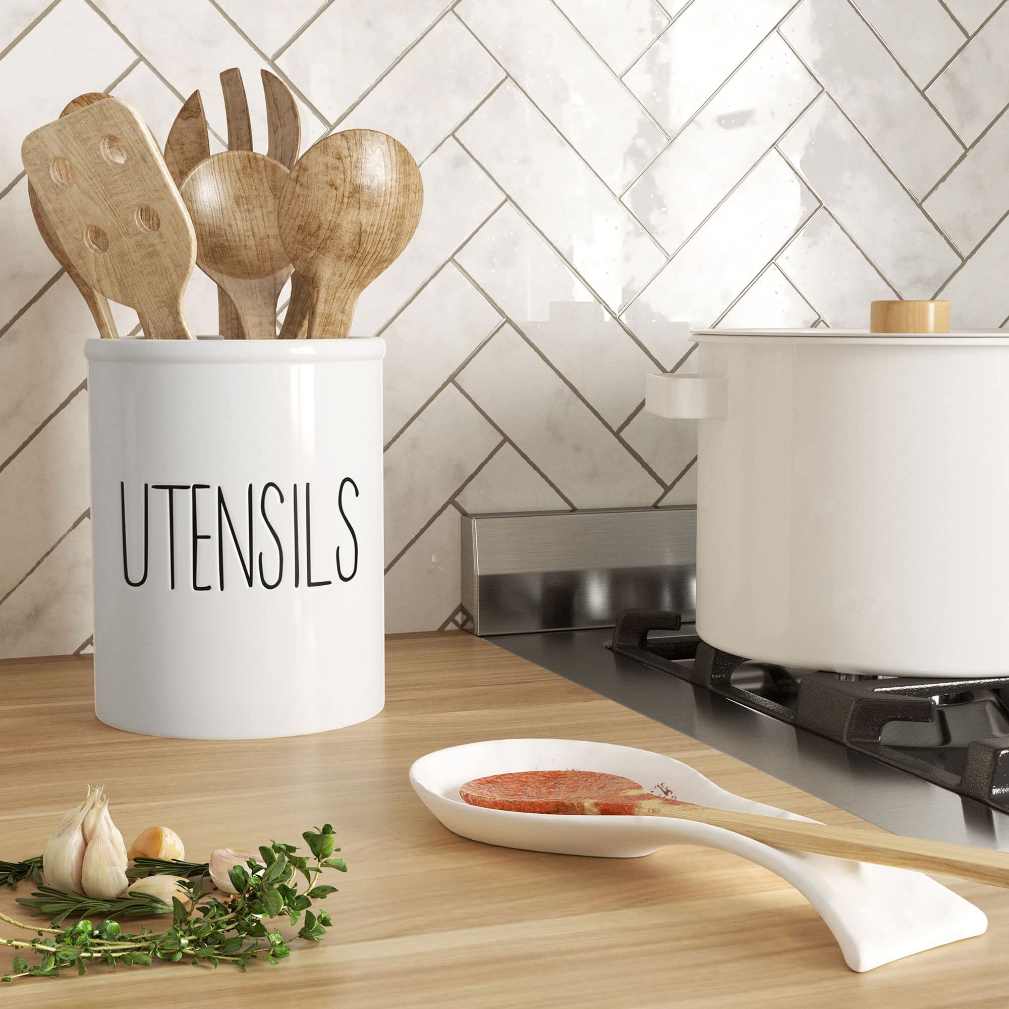 Barnyard Designs spatula holder on counter keeps spatulas within reach and neat.