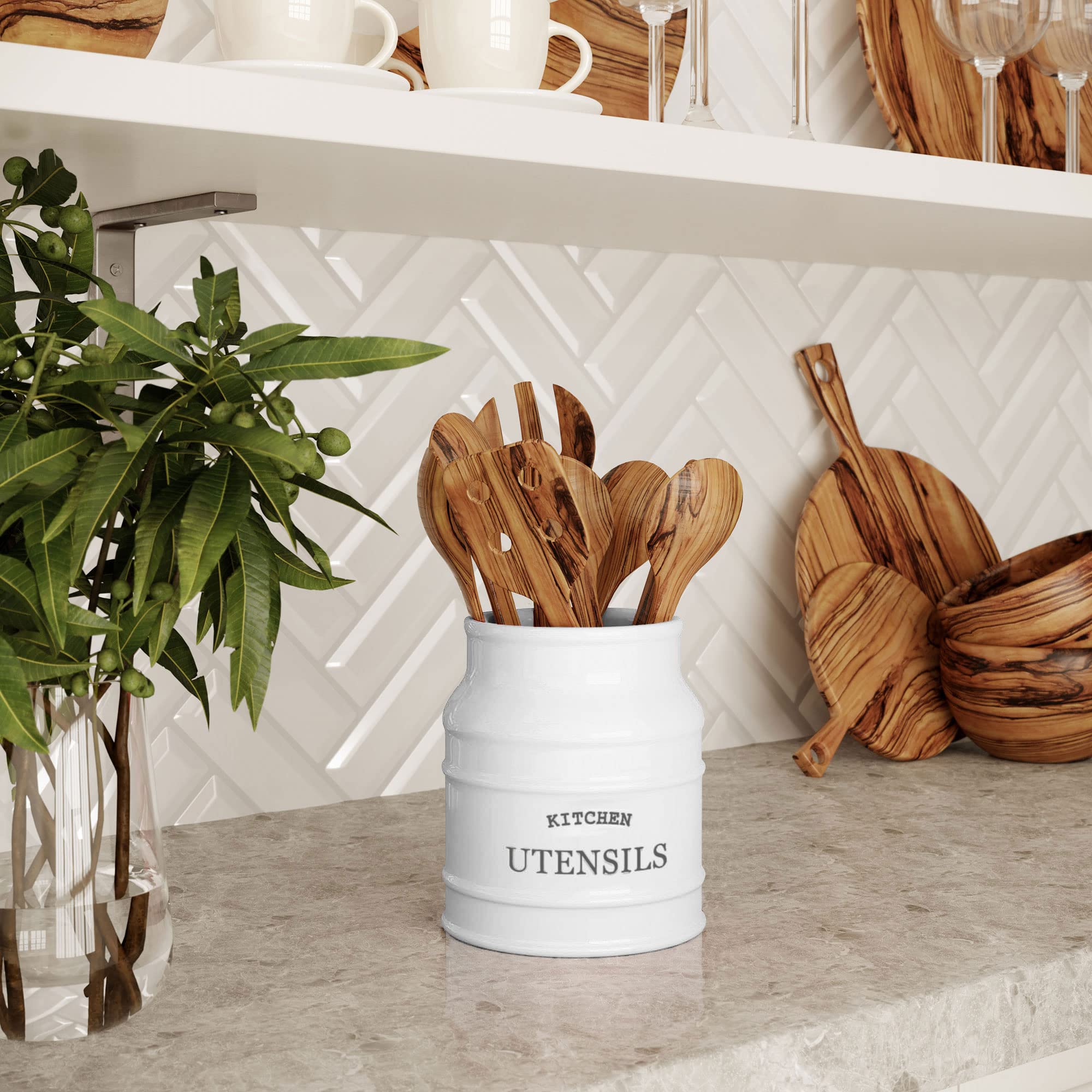 Barnyard Designs utensil holder stores spoons, whisks, and knives within reach