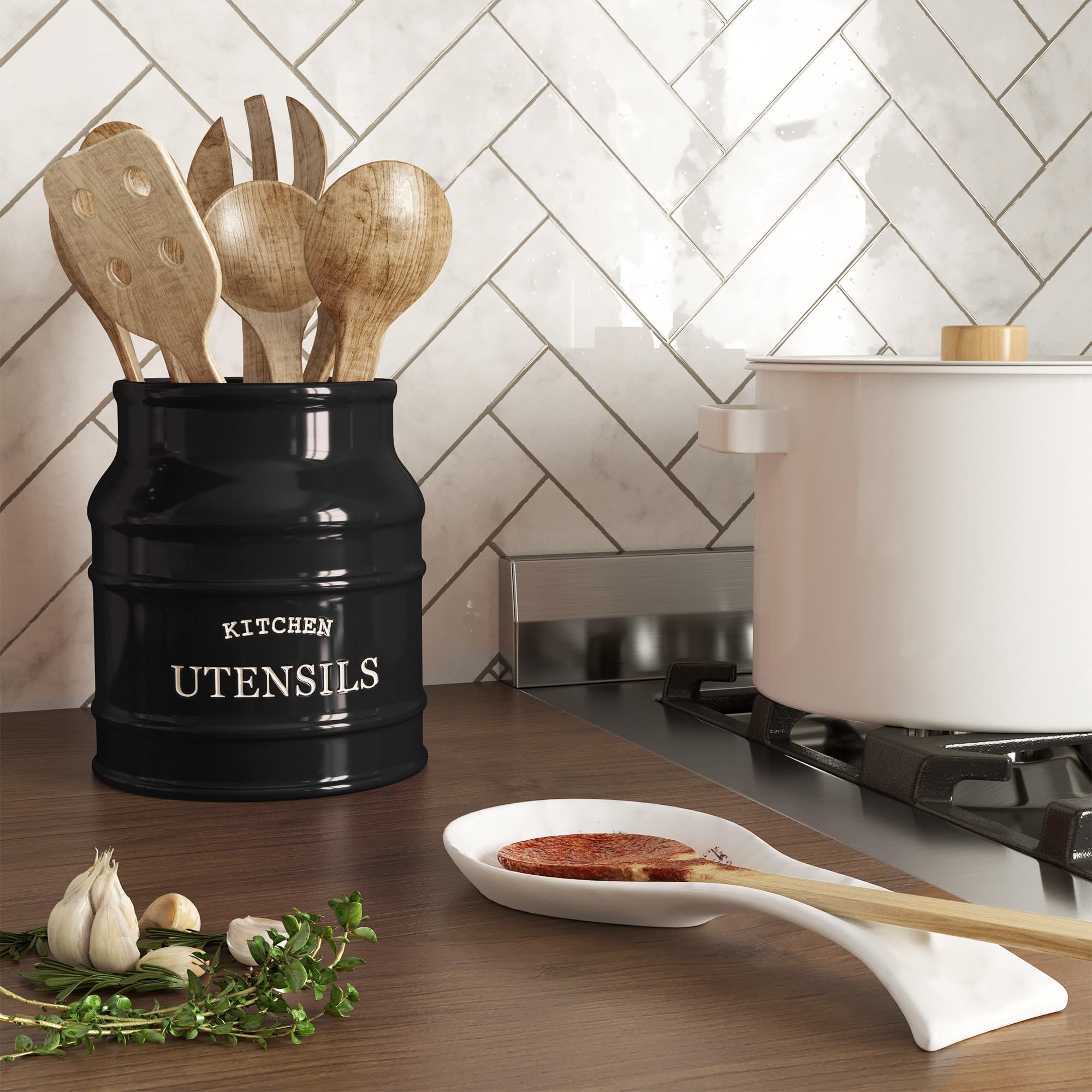 Barnyard Designs counter organizer keeps spoons within easy reach.