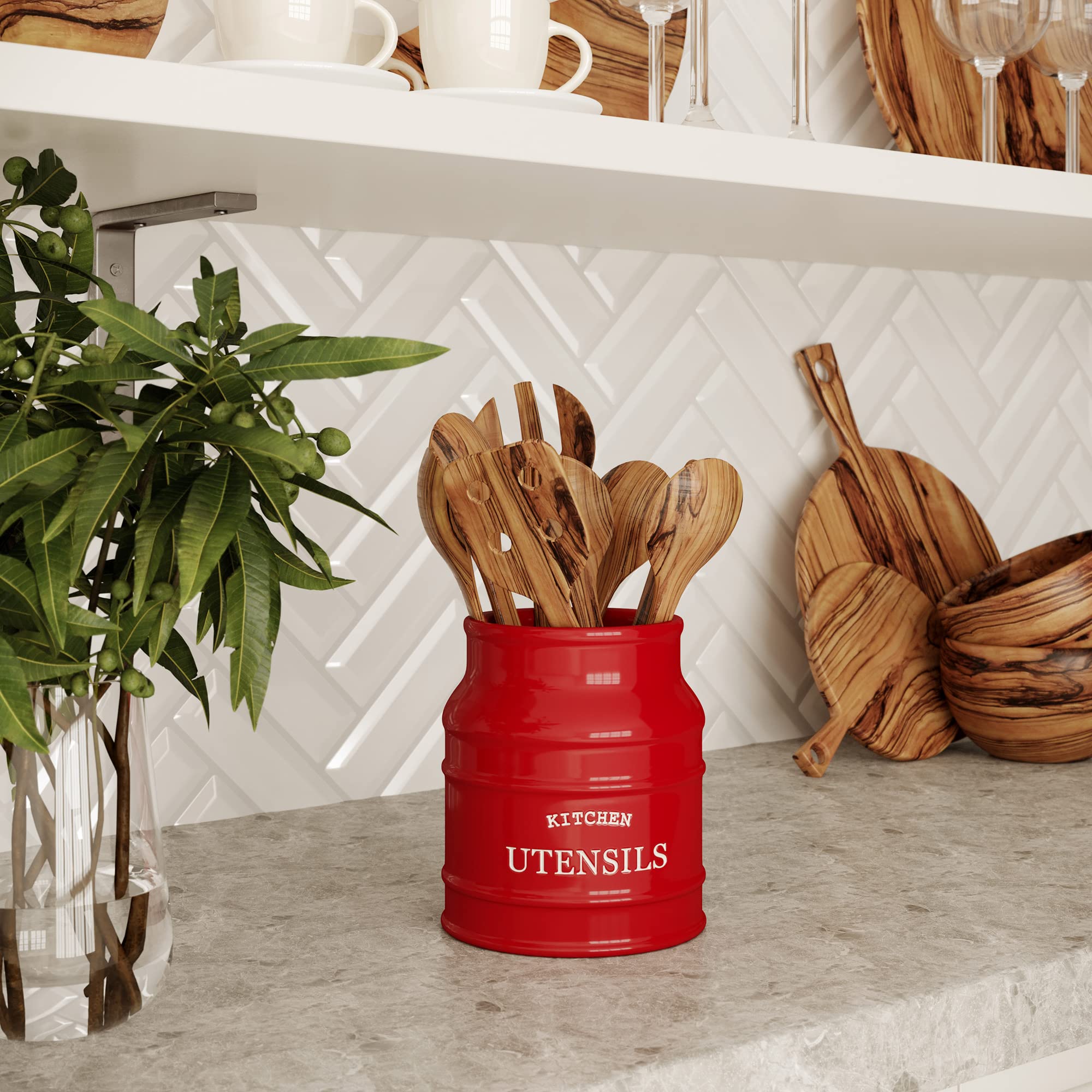 Barnyard Designs utensil holder with spoons and whisks neatly stored.