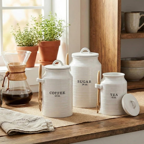 Barnyard Designs sugar canister with lid and wooden spoon for tidy sweetness.