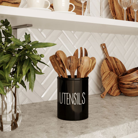 Barnyard Designs utensil crock closeup showing black finish and rustic charm for kitchens.