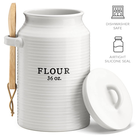 Barnyard Designs white ceramic flour jar complements modern counters and storage.
