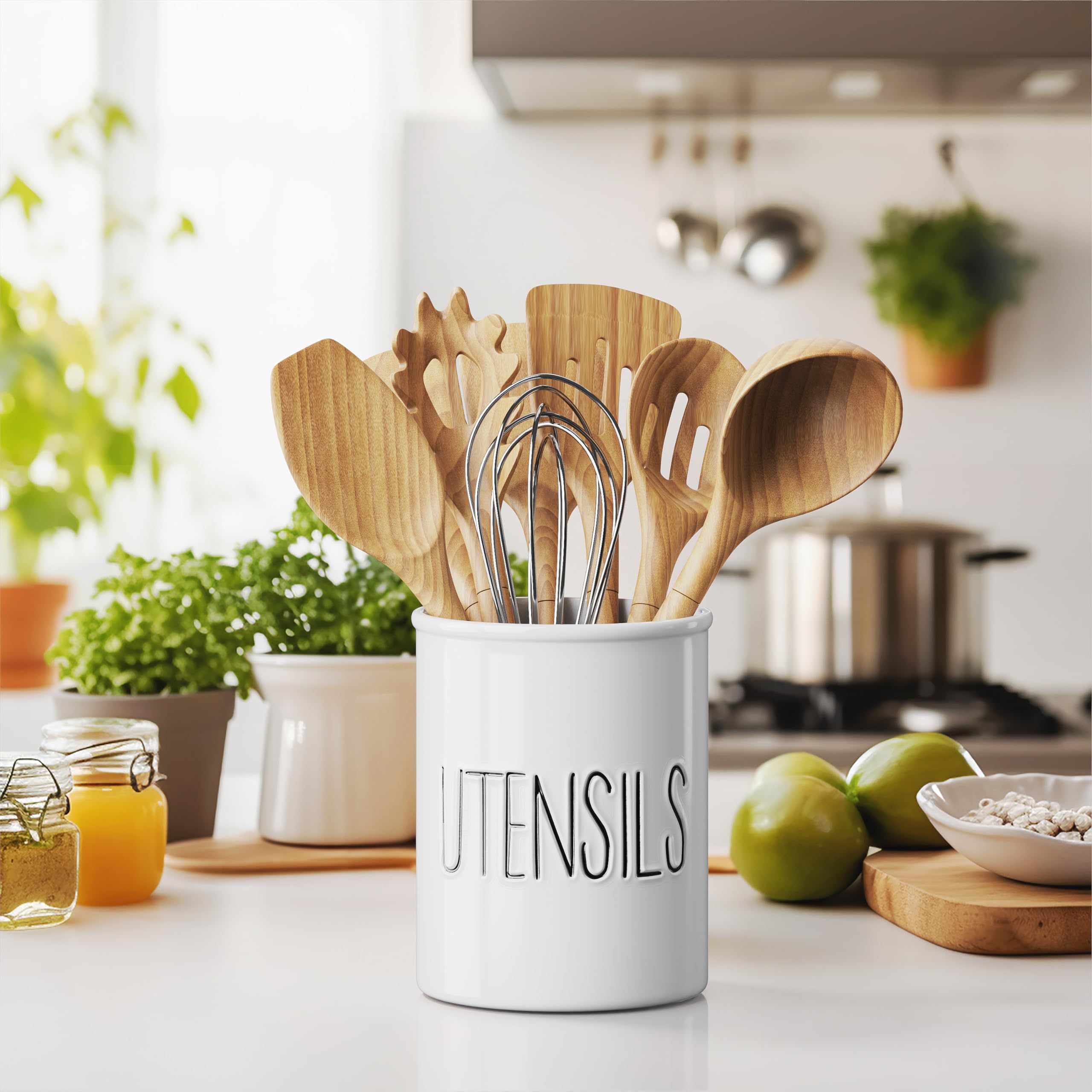 Barnyard Designs white utensil crock for kitchen adds rustic charm and easy utensil access.