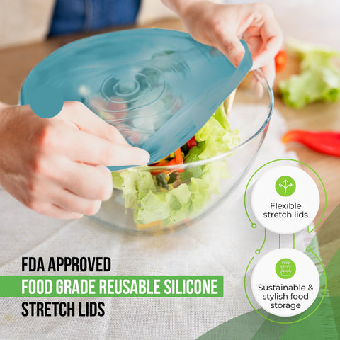 Basic Haus Aqua Mist stretch lid on a glass cup keeps snacks fresh.