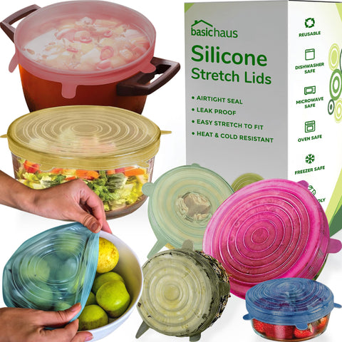 Basic Haus silicone lids 7-pack colorful set for versatile food storage and reuse.
