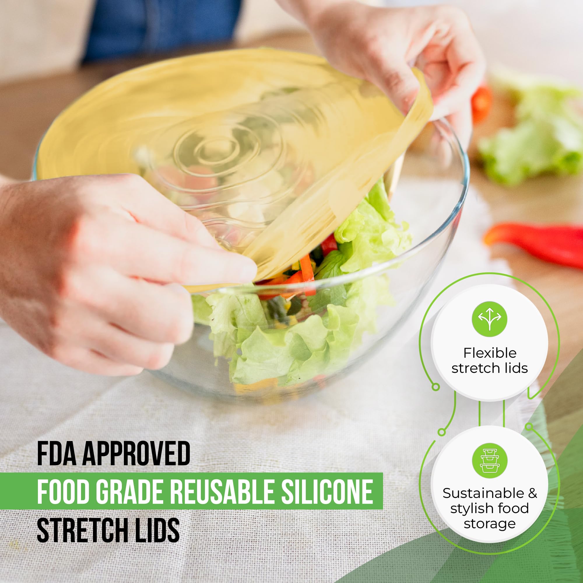 Basic Haus silicone lids sealing round and rectangular containers keeps freshness.