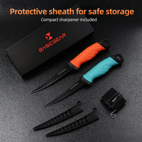 BasicGear Protective sheath keeps the knife secure in tackle boxes.