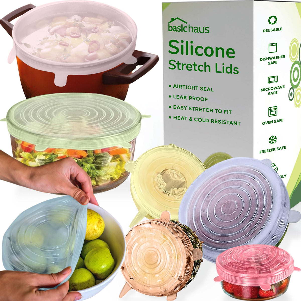 Basic Haus 7-pack silicone lids in bright colors for plastic wrap replacement.