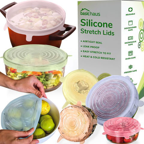 Basic Haus 7-pack silicone lids in bright colors for plastic wrap replacement.