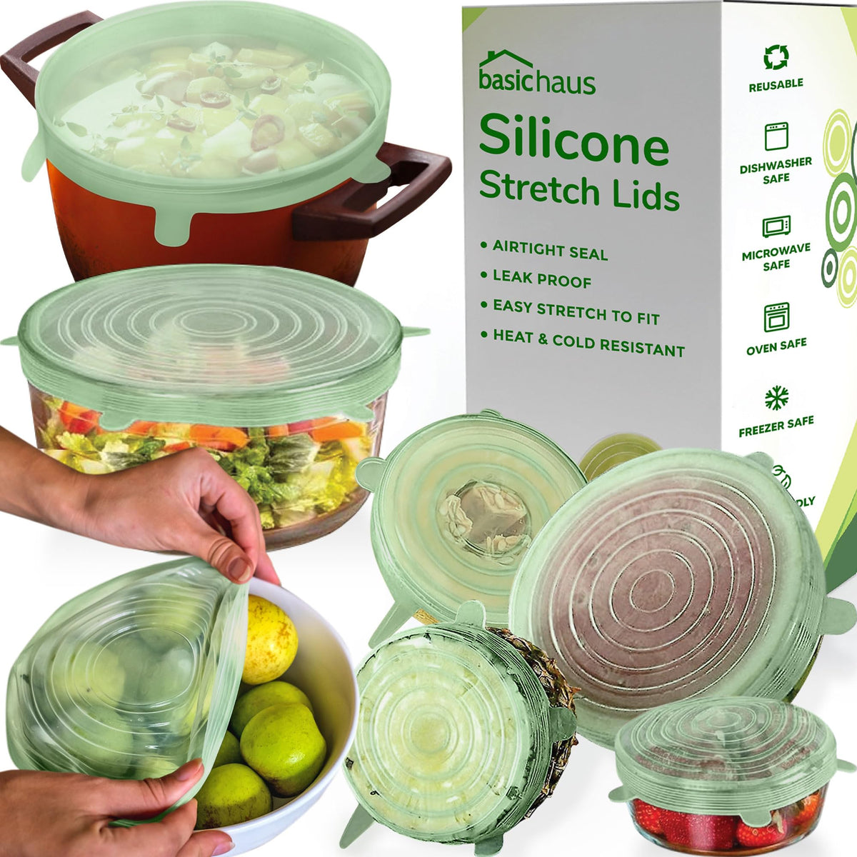 Basic Haus silicone stretch lid covers a large bowl, keeping leftovers fresh.