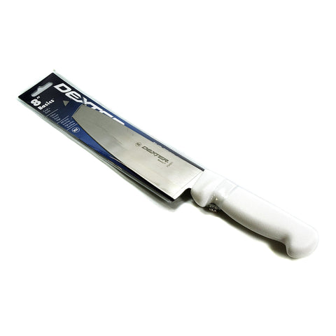 Dexter-Russell Basics 8-inch cooks knife with white handle for precise chopping and clean slices.