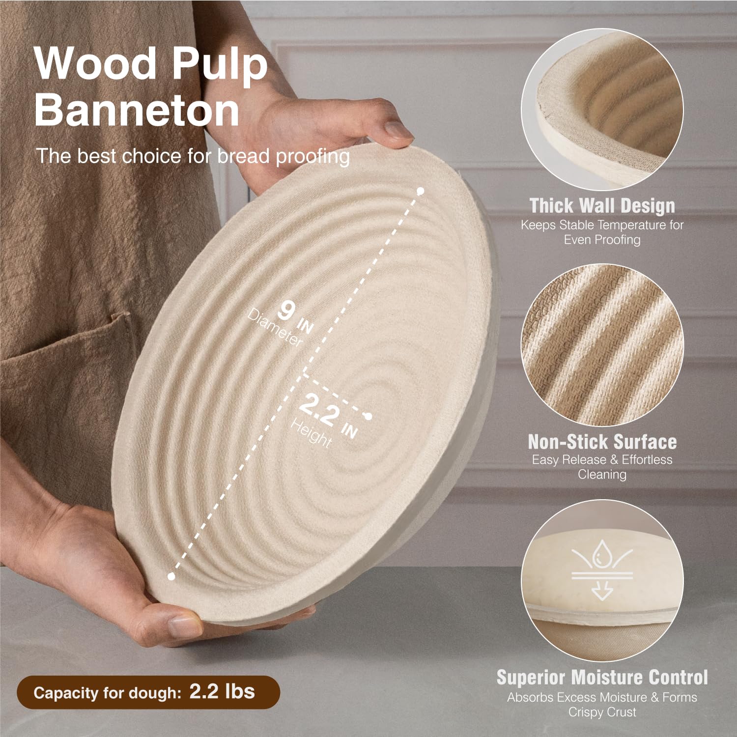 BAVIFY wood pulp banneton interior texture supports non-stick dough transfer.