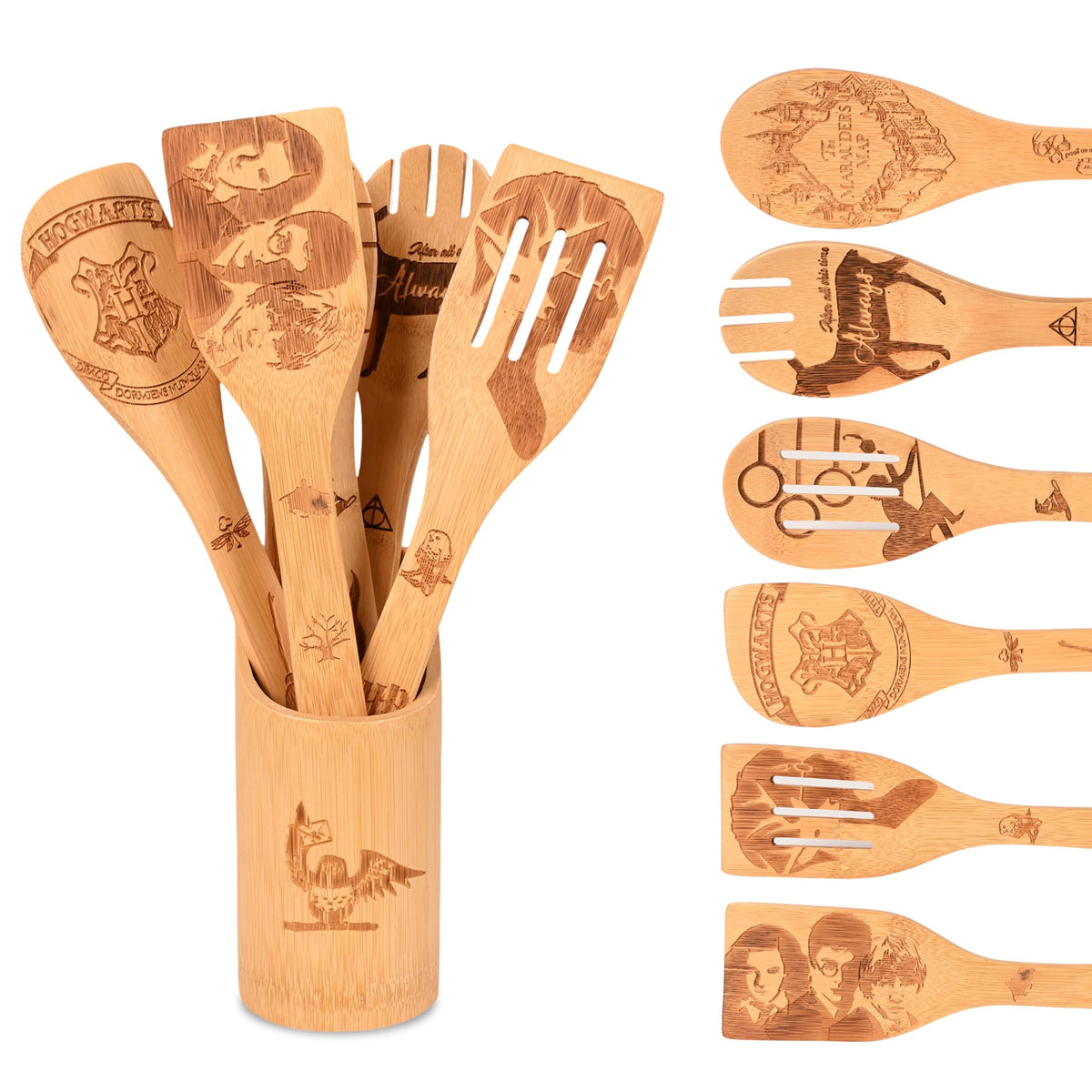 BAWANIL wooden spoons set in holder for organized kitchen use