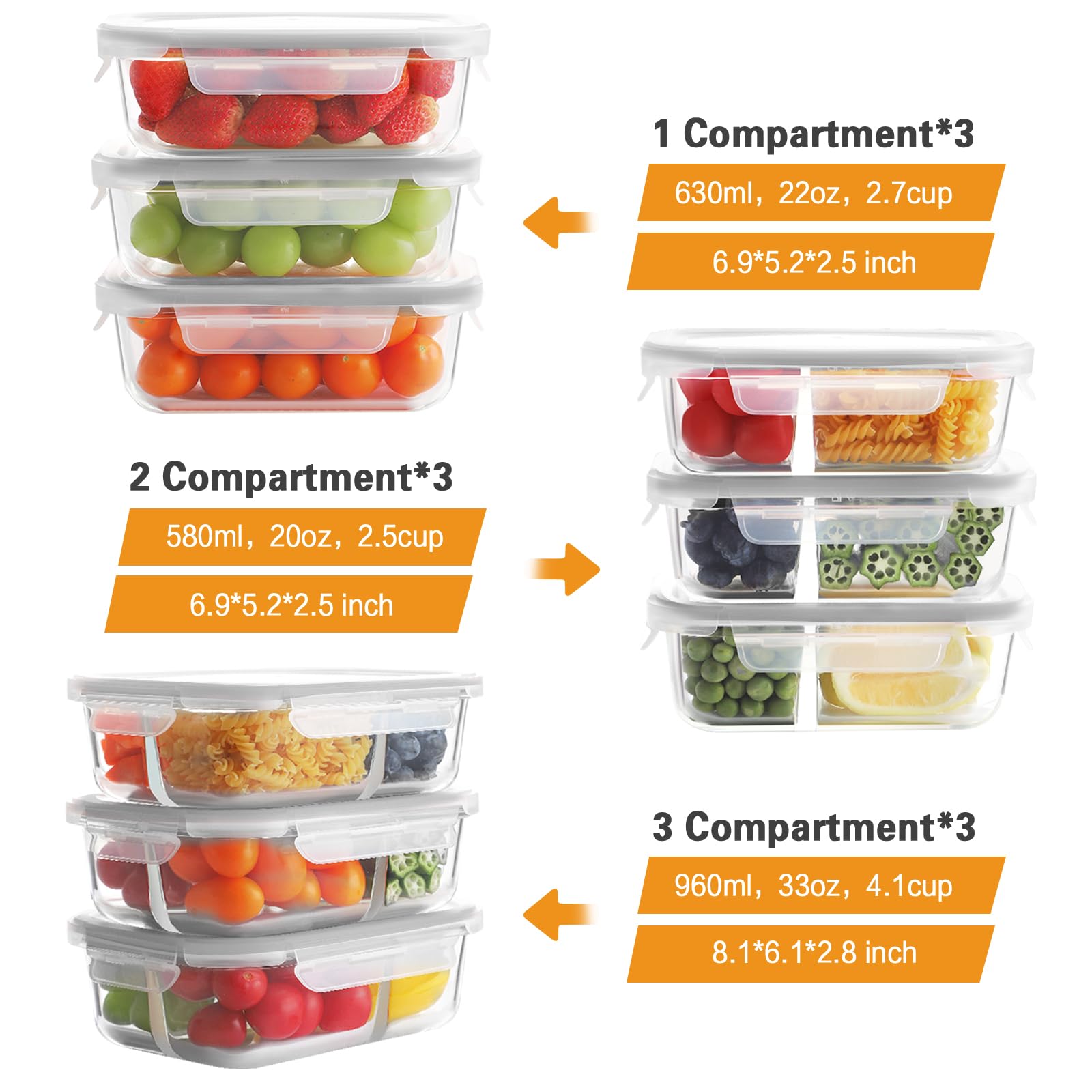 Bayco two-compartment glass container 580ml keeps mains and sides separated for organized lunches.