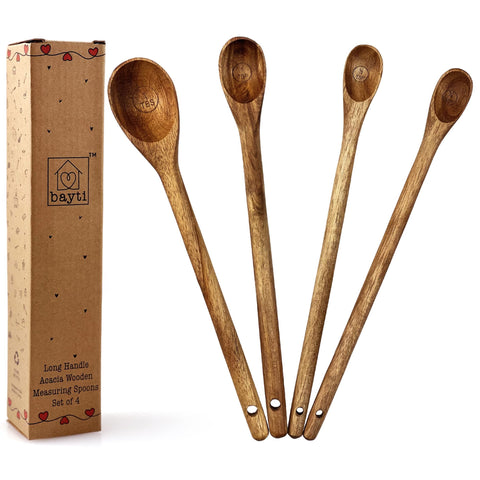 Bayti acacia measuring spoons with long handles for precise kitchen measurements.