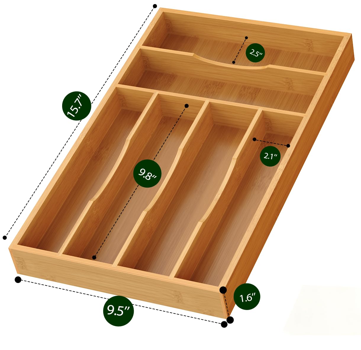 Six-slot design keeps knives, forks, and spoons neatly separated.