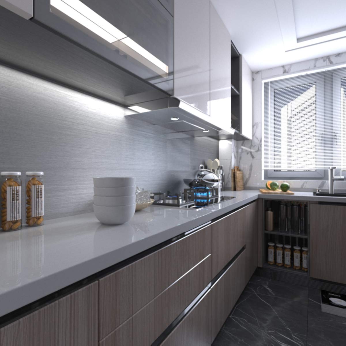 BAYYA silver contact paper wrapped around cabinet fronts for a cohesive look