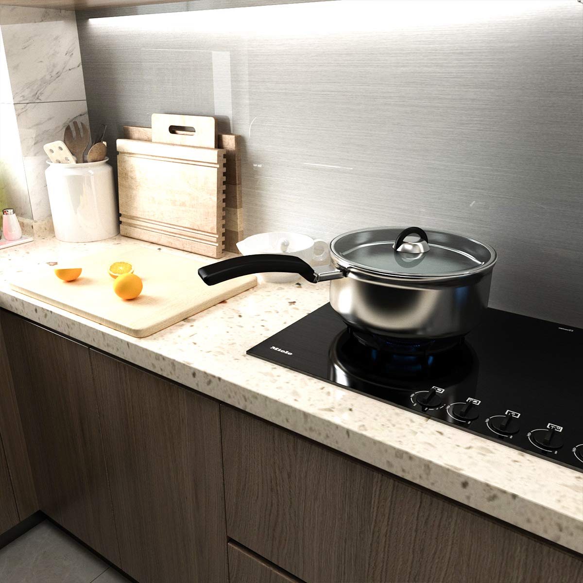 BAYYA silver contact paper on a kitchen backsplash showing a sleek metal finish