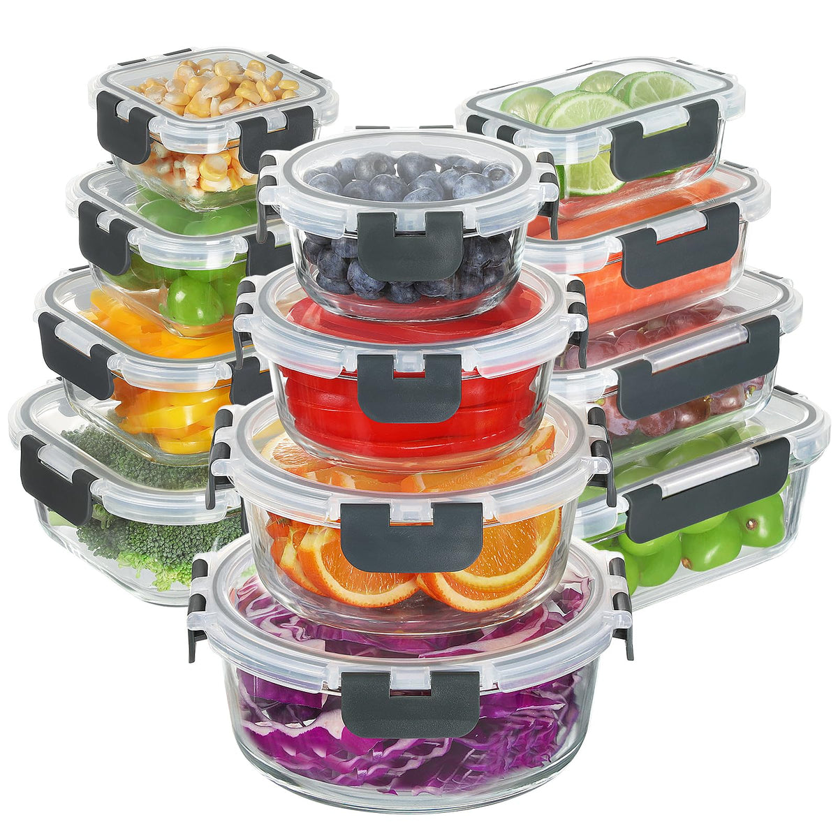 BAYZZ 24-piece glass storage set displayed in full collection with airtight lids.