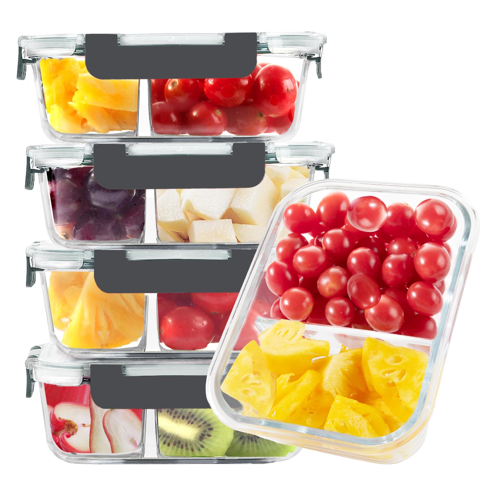 BAYZZ 5-pack 35oz glass meal containers with lids for organized meal prep.