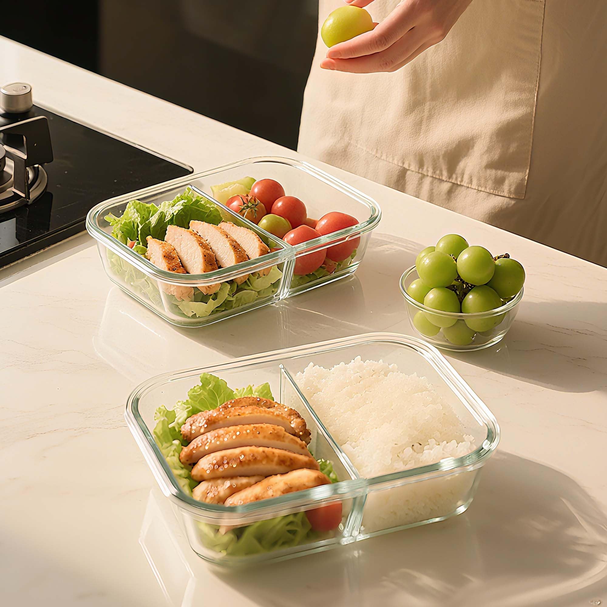 BAYZZ glass is oven microwave-safe with lid removed for reheating.
