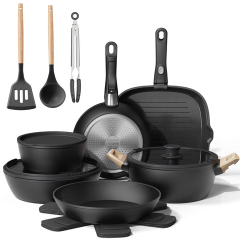 Bazova 19-piece pots and pans set with ceramic non-stick coating for easy cooking and cleanup.