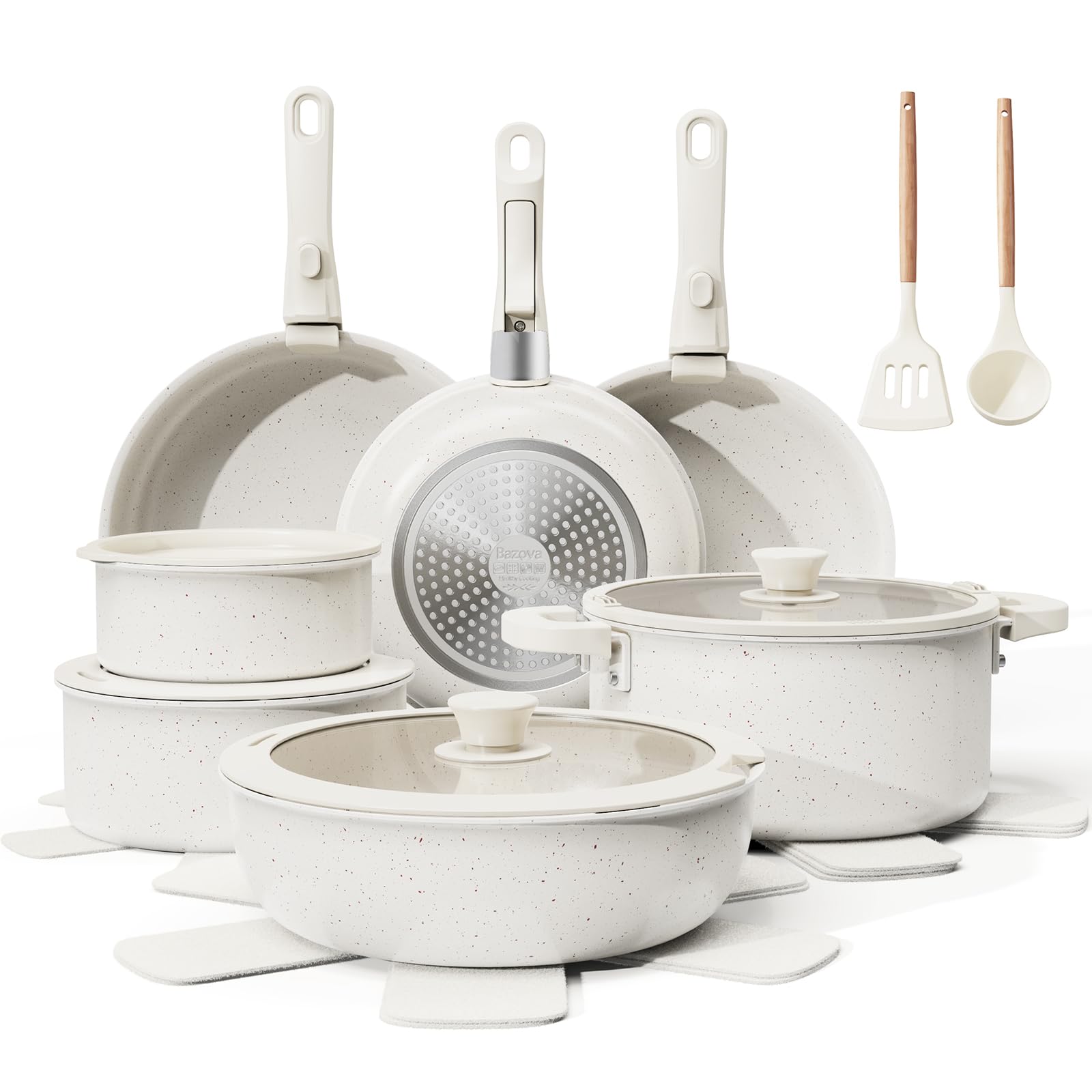 Bazova 22-piece ceramic cookware set on countertop, showcasing space-saving design