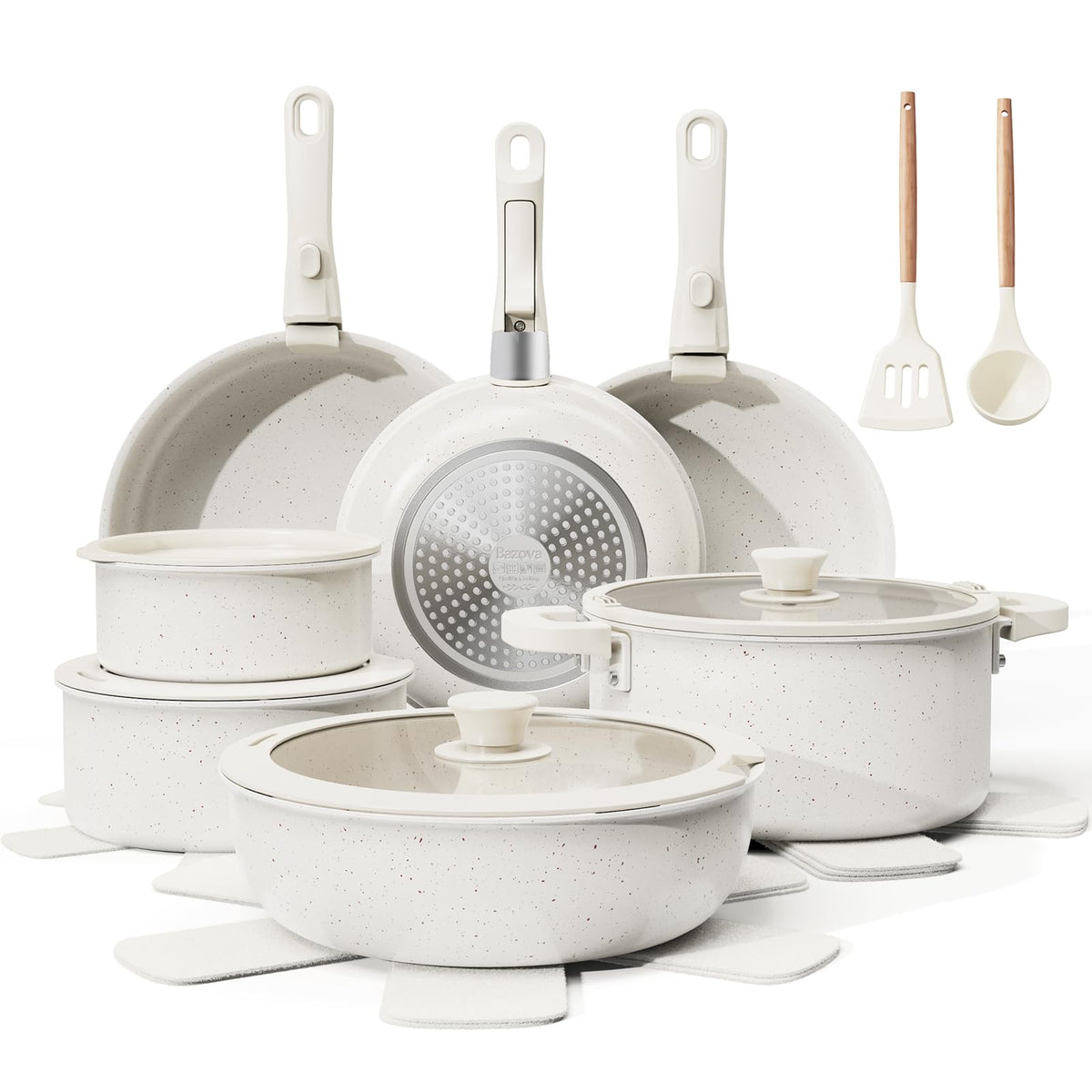 Bazova 22-piece ceramic cookware set on countertop, showcasing space-saving design