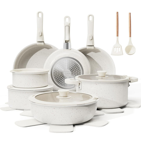 Bazova 22-piece ceramic cookware set on countertop, showcasing space-saving design