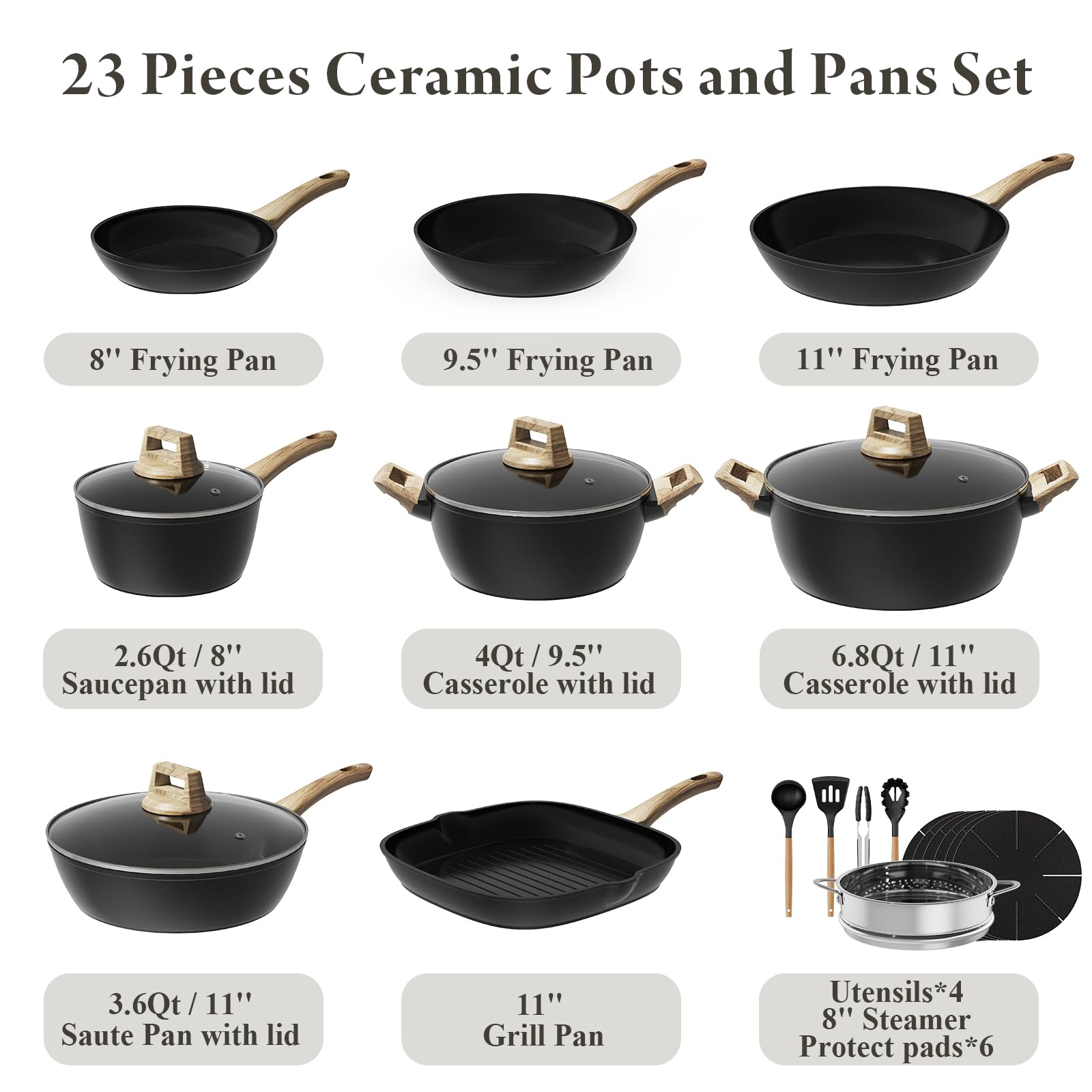 Bazova 23-pcs set frying pan 8inch, effortless food release with minimal oil