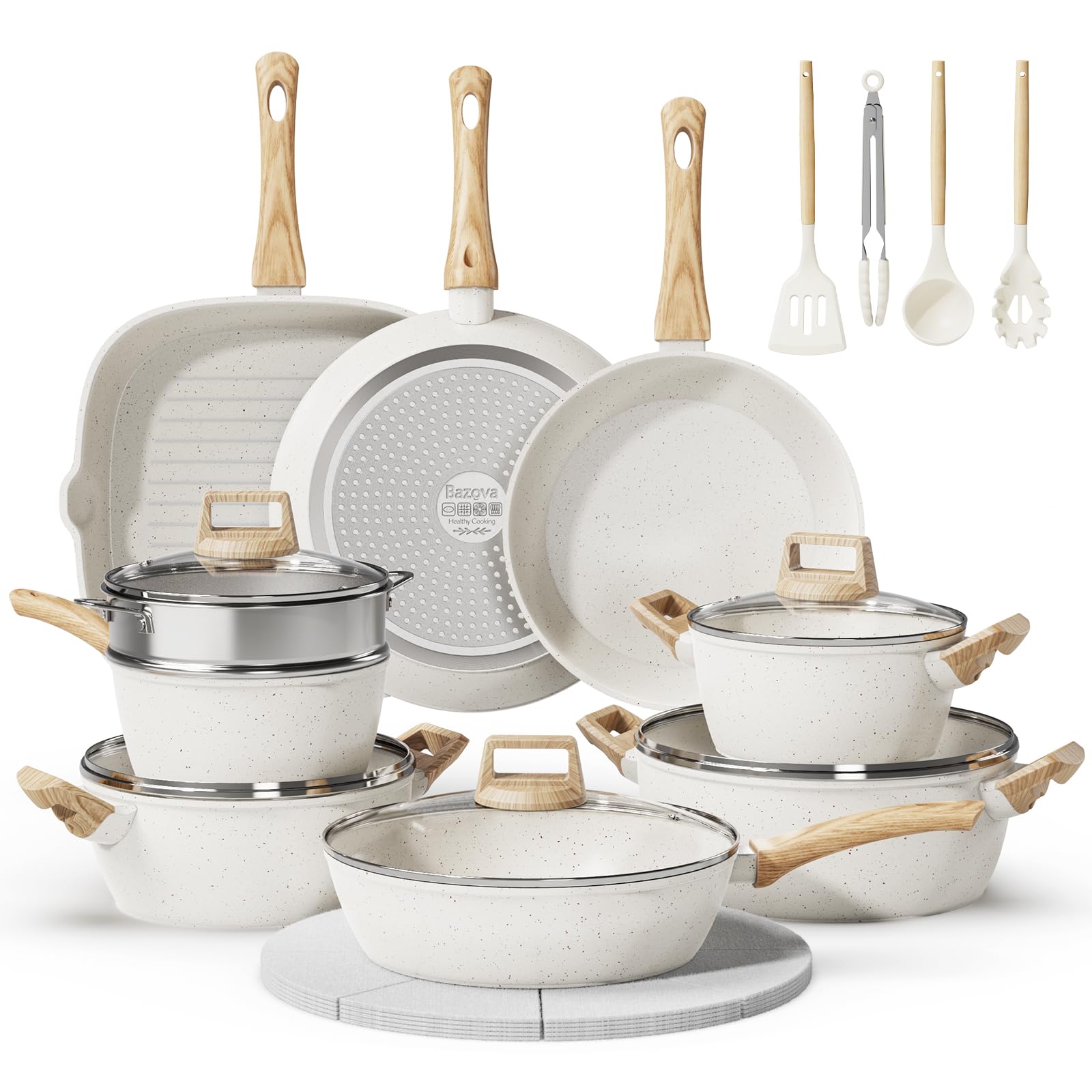 Bazova 24-piece pots and pans set overview with toxin-free ceramic coating.