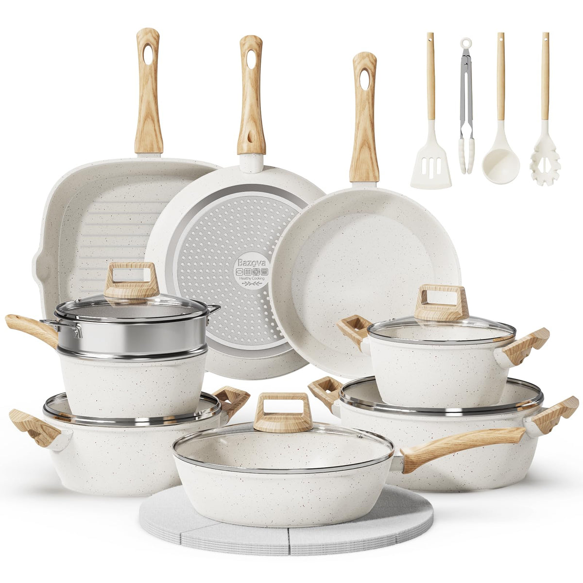 Bazova 24-piece pots and pans set overview with toxin-free ceramic coating.
