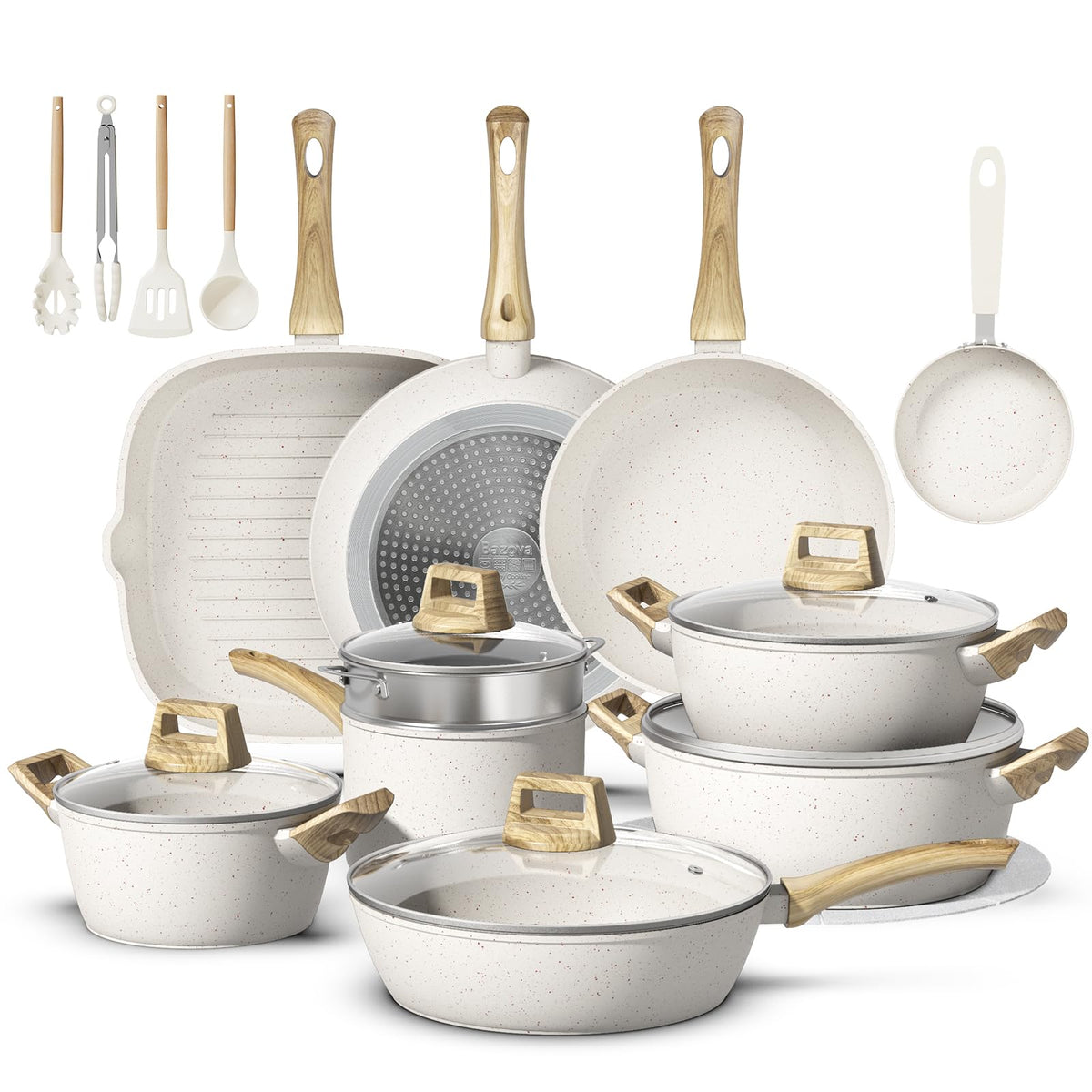 Bazova 25-piece nonstick ceramic set shown on stove for easy, oil-light cooking.