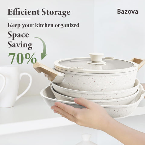 Bazova induction-compatible cookware heats evenly on compatible stoves.