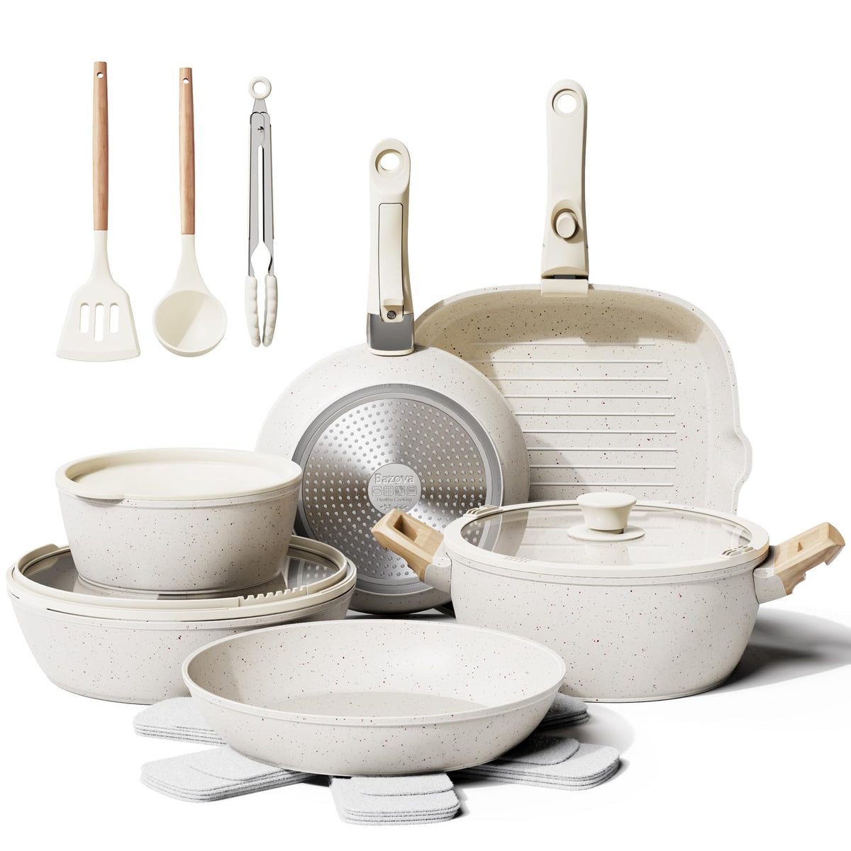 Bazova removable handles cookware set for easy storage and versatile cooking.