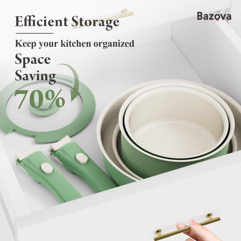 Bazova stackable cookware saves space in small kitchens and RVs.