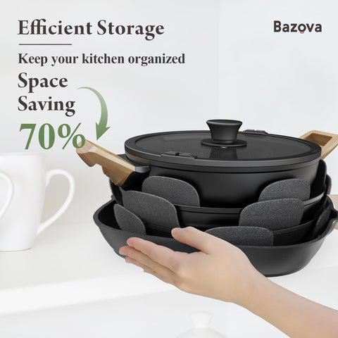 Bazova stackable cookware stored neatly to save cabinet space.