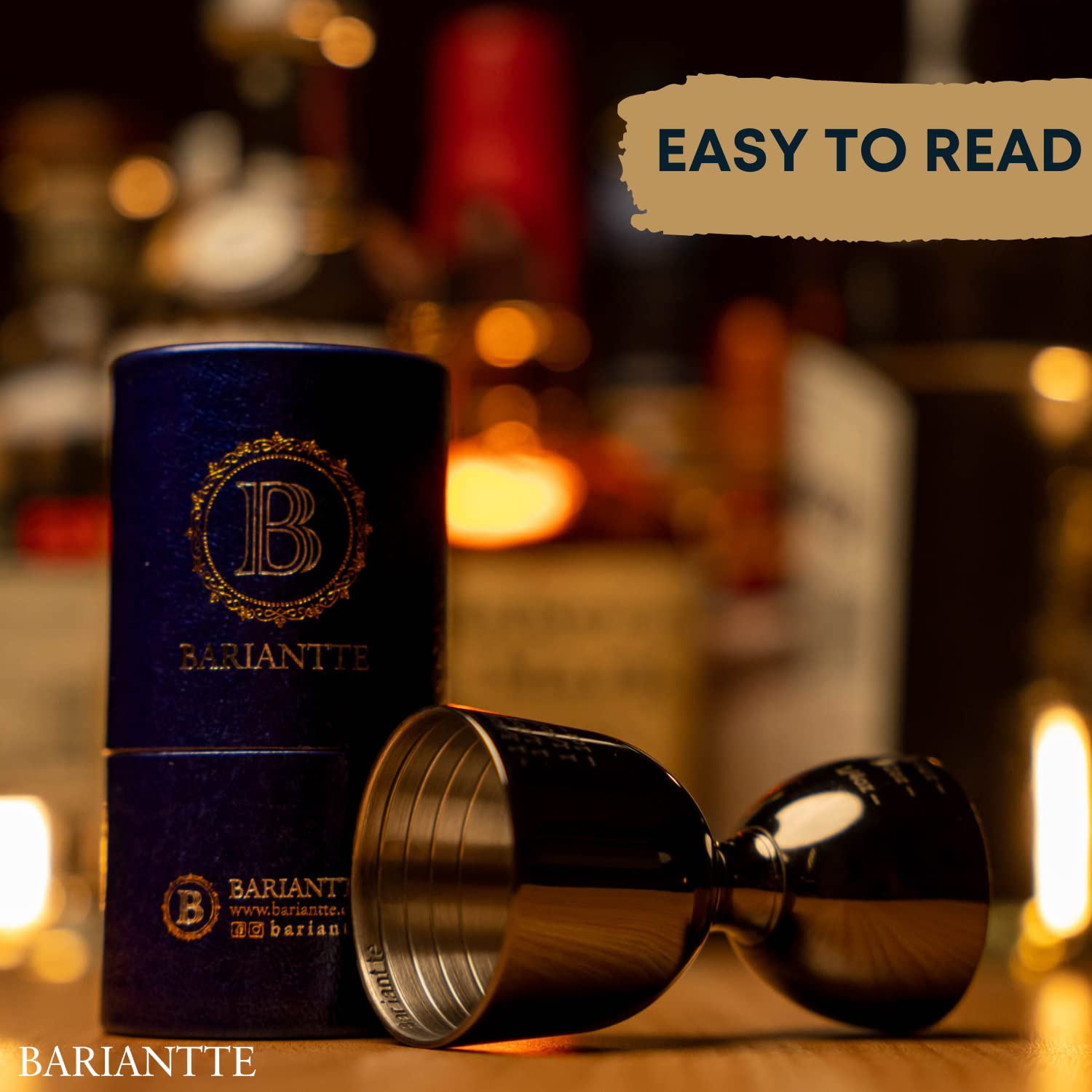 BBARIANTTE Bell Jigger around-the-curve measurements enable quick reads during mixing.