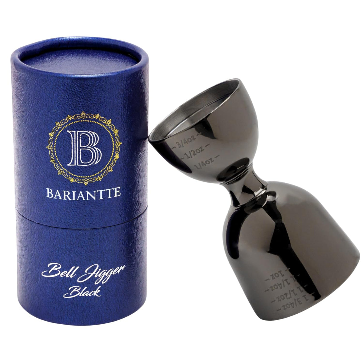 BBARIANTTE Black Bell Jigger top view shows engraved measurements for precise pours.