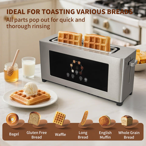 BBday toaster displaying six browning levels for customizable toast.