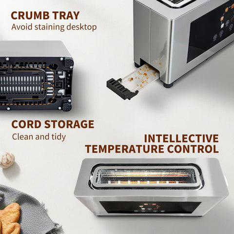 BBday under-base cord storage and removable crumb tray for easy cleanup.