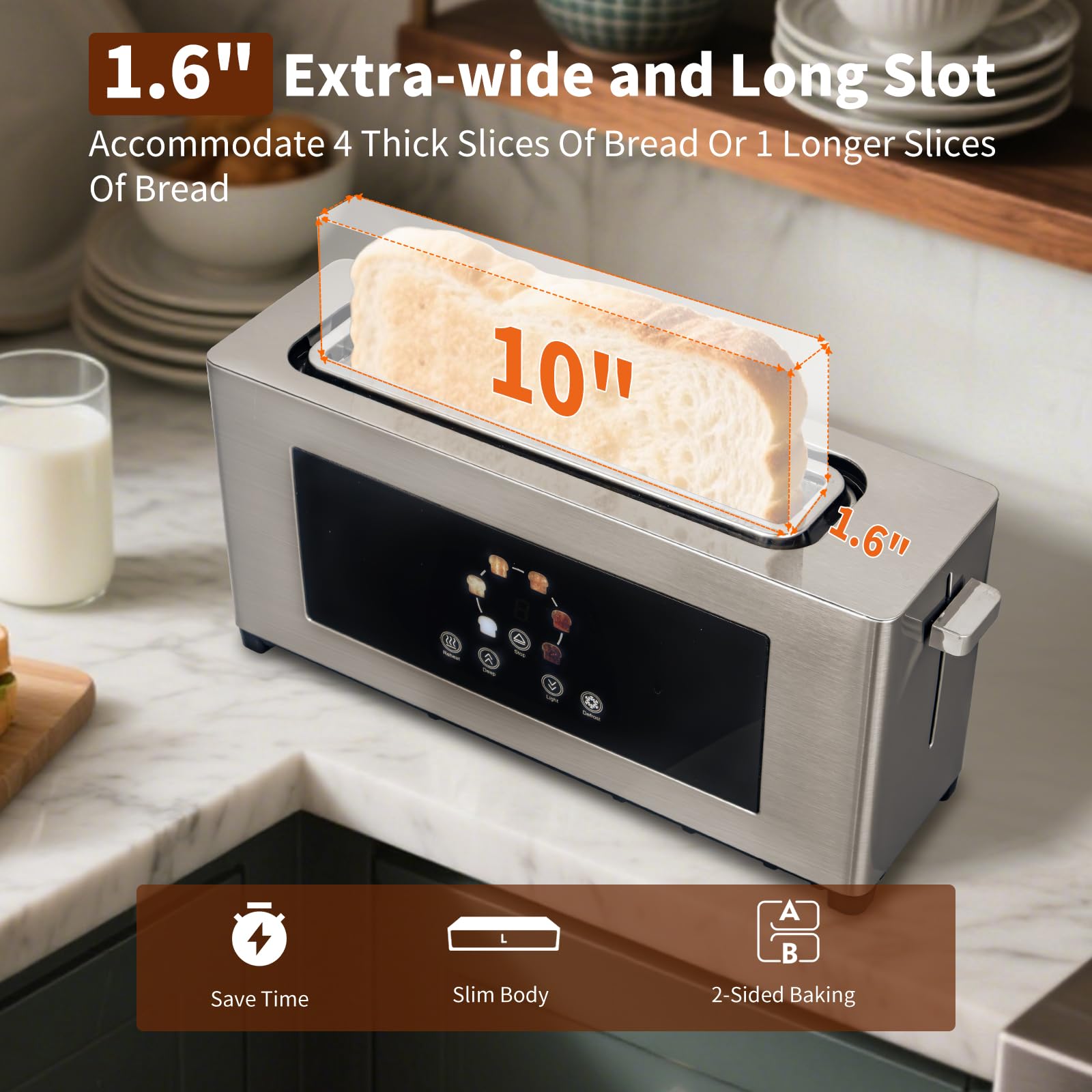 BBday toaster showing wide 1.6-inch slot for bagels and English muffins.